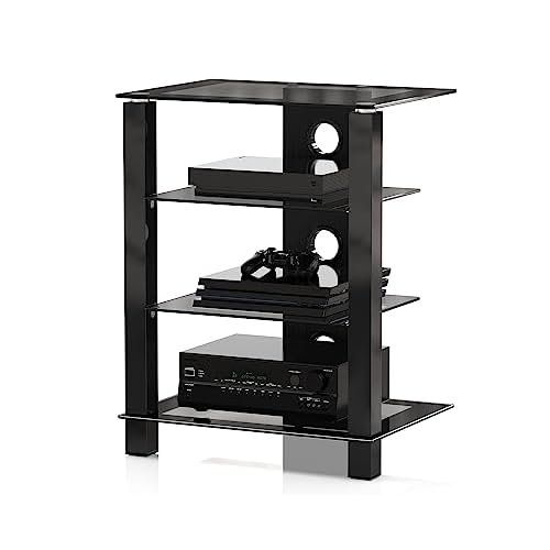 FITUEYES 4-Tier AV Media Cabinet Stand Component Cabinet, Gaming TV Stand and Stereo Rack Audio Tower with Height Adjustable Tempered Glass Shelves, AS406003GB