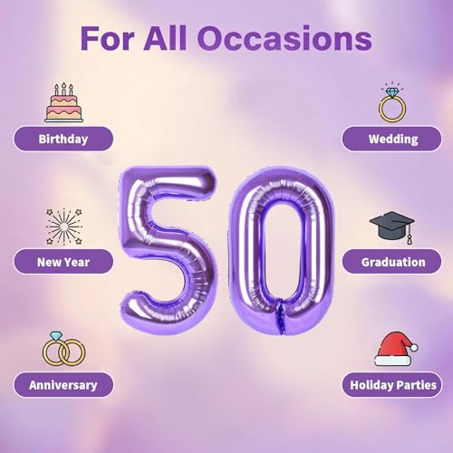 Image of Number Balloons for Birthday Decorations - 40 Inch Large Party Balloons 50, Purple Foil Number Balloons for Boys Girls, Balloons for Party Supplies