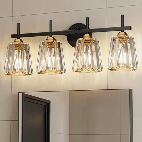 KernLite Crystal Bathroom Light Fixtures Over Mirror Black Gold 4-Light Bathroom Vanity Lights Over Mirror Modern Wall Lighting Sconces with Ceramic E26 Base (Bulbs Not Include)