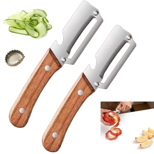 2 Stück-Pack Multifunktionaler Küchenschäler, 3-in-1-Obst und Gemüseschäler mit Flaschenöffner, Holzgriff, Edelstahl-Gemüseschäler, Universeller Schäler für Äpfel, Kürbisse, Küchenwerkzeuge (2 Pcs)