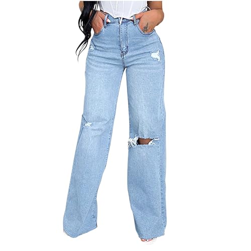 Distressed Wide Leg Jeans for Women High Waisted Loose Ripped Boyfriend Jeans Y2K Stretch Denim Jean Pants Streetwear