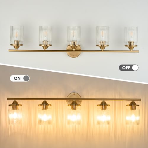 Image of Jonsi Gold Bathroom Light Fixtures 5-Light Vanity Lights Modern Wall Sconce with Clear Glass Shade Brushed Brass Bathroom Light Fixture Over Mirror for Bedroom Hallway Kitchen
