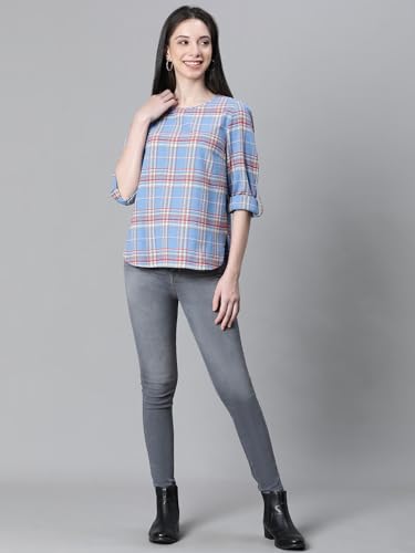 Image of oxolloxo Women Cotton Casual Tops | Regular Fit Checked Checked Round Neck |Regular Tops for Women |Navy Blue