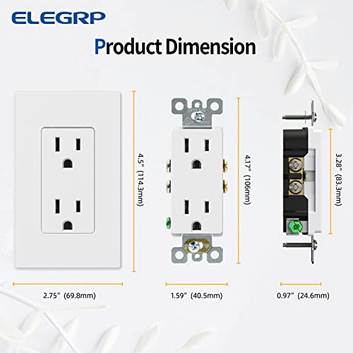 Elegrp Matte White Standard Decorator Electrical Wall Receptacle Outlet, 15A 125V, 2 Pole 3 Wire, Non- Tamper Resistant, Nema 5-15R, Self-Grounding, Wall Plate Included, Ul Listed, 10 Pack #TOP5