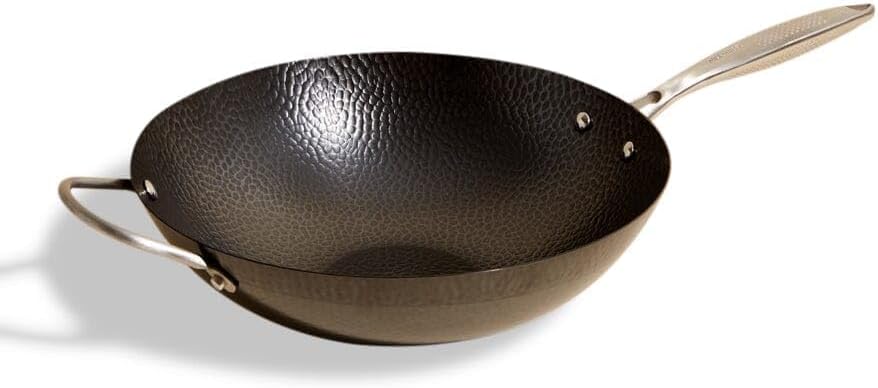 milk street 3-piece 13-inch wok body, hammered carbon steel flat bottom wok, ideal for stovetop cooking
