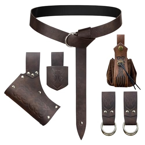 EpicCos 6 PCs Renaissance Belt Costume Medieval Accessories Belt Pouch Skirt Hiking Sword Frog Viking Horn Holster (Brown A)