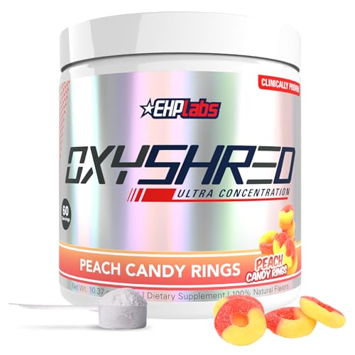 Image of EHP Labs OxyShred Pre Workout Powder - Preworkout Powder with L Glutamine & Acetyl L Carnitine, Energy Boost Drink - Peach Candy Rings, 60 Servings