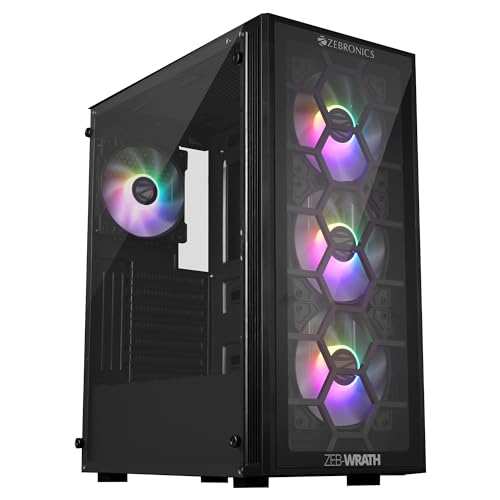 Image of ZEBRONICS Wrath Mid-Tower Premium Gaming Cabinet ATX /MicroATX /MINI ITX, 3X 120mm Front + 1x 120mm Rear Fan, Centre Glow ARGB Fans, RGB LED Modes, Tempered Glass Side Panel, USB 3.0