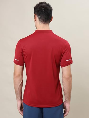Image of TECHNOSPORT Men's Solid Slim Fit Polo Collar T-Shirt TECHNOCOOL+ Half Sleeve Button Polyester for Gym Running Workout UPF50+ Anti Odour