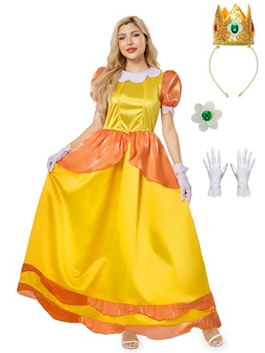 Funna Princess Costume Adult Women Dresses Halloween Dress up Cosplay with Crown Gloves Yellow Small