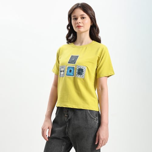 Image of Women Printed T Shirt Cotton Blend Yellow | Graphic Printed T Shirt for Women | Casual Wear Regular Fit Round Neck Half Sleeve Top for Girls