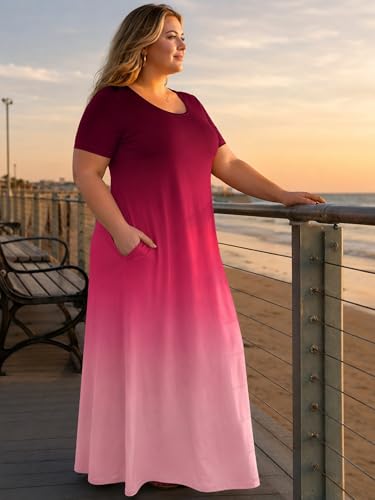 Image of PinkPatty Women's Plus Size Maxi Dresses Short Sleeve Sundress Summer T-Shirt Beach Long Dress with Pockets