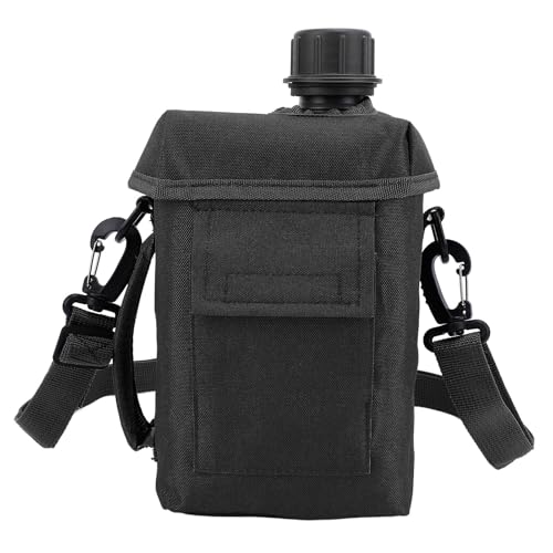 Outdoor Water Bottle - 2L Portable Water Canteen with Waist Bag, Multi Fuctional PVC Flat Camping Water Bottle for Military Surplus or Bushcraft Gear (Black)