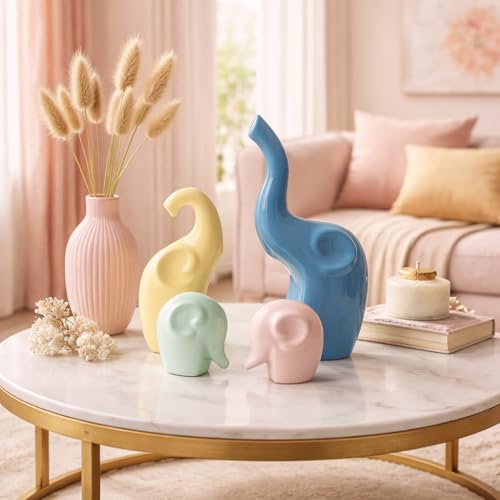 Image of Xtore Ceramic Home Decor 4 Elephant Family Figurine with Piano Gloss Finish | Pastel Color | for Home /Office /Living Room /Kitchen /Gifting - (Set of 4, Multicolor)