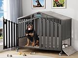 EasyCom 48' XXL Heavy Duty Dog Crate Furniture, Dogs Kennel Indoor with 360° Wheels, Dog Kennels for Large Dogs(Over 60lb), Dog Crate with Feeding Window and Name Tag, Dog House, Oak Grey
