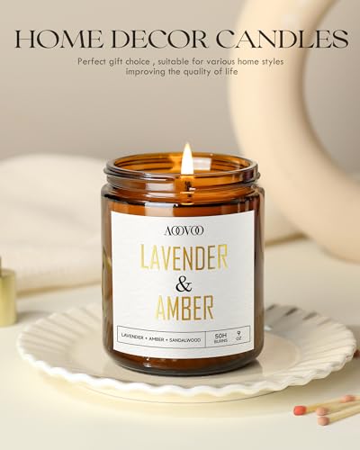 Image of AOOVOO Lavender Amber Candles - 9 oz Scented Candles, Aromatherapy Candle, Soy Candle for Home Scented