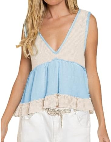 Womens Tank Tops V Neck Waffle Knit Camis Sleeveless Ruffle Hem Crop Top Peplum Blouses Tee Shirts Cotton Tops Blue