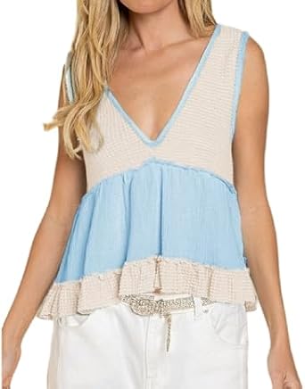 Womens Tank Tops V Neck Waffle Knit Camis Sleeveless Ruffle Hem Crop Top Peplum Blouses Tee Shirts Cotton Tops Blue