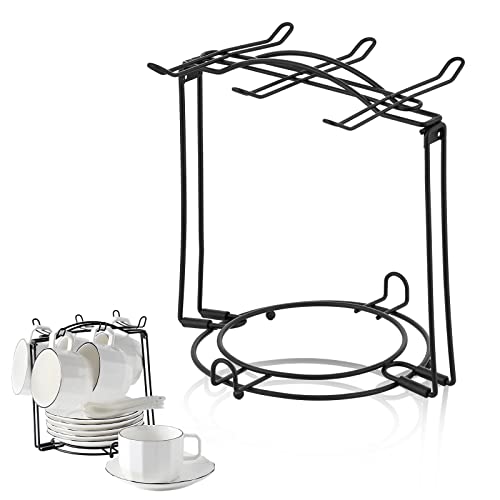 CHILDIKE Coffee Cup Rack, Tea Cup Holder Stand Dishes Organizer, Teacup Display Stand, Iron Tea Set Basket Holder Cup Drying Rack for Counter (Black)