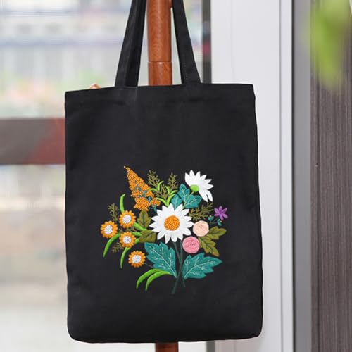 Image of Canvas Handbag Embroidery Kit, Flower Embroidery DIY Craft Floral Tote Bag Beginner Kit Include Hoops Color Threads Needle, DIY Sewing Stamped Set