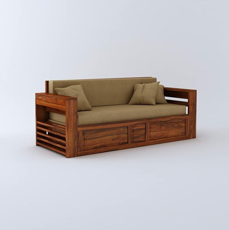 Image of Solid Sheesham Wood Sofa Cum Bed 2 Seater | Wooden Foldable Double Bed for Living Room with Headboard & Storage | Bed Cum Sofa with Mattress for Home | Dalla Design (Honey Finish)