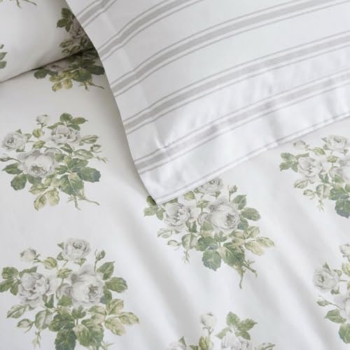 Image of Martha Stewart - Twin Comforter Set, Smooth Sateen Front with Subtle Sheen & Lightweight Cotton Percale Reverse, 2 Piece Bed Set with Matching Pillowcase (Eloise Floral Grey)