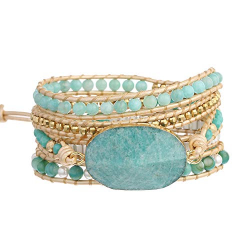 Plumiss Women Handmade Natural 5A Amazonite Big Stone Shell Hematite Bead 5 Wrap Leather Bracelet