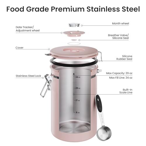 Image of Veken Coffee Canister,39OZ, 2.2lbs,Large Airtight Stainless Steel Container | Date Tracker, Kitchen Food Storage Jars for Beans, Ground, Espresso, Rice,Tea, Sugar, Cereal, Cookie,Gifts, Lids, Scoop, Pink