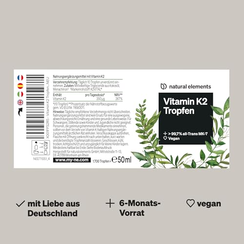 natural elements Vitamin K2 MK-7 200µg – 50 ml – all-Trans Gehalt >99,7% – laborgeprüft, vegan, hochdosiert & in Deutschland produziert 6