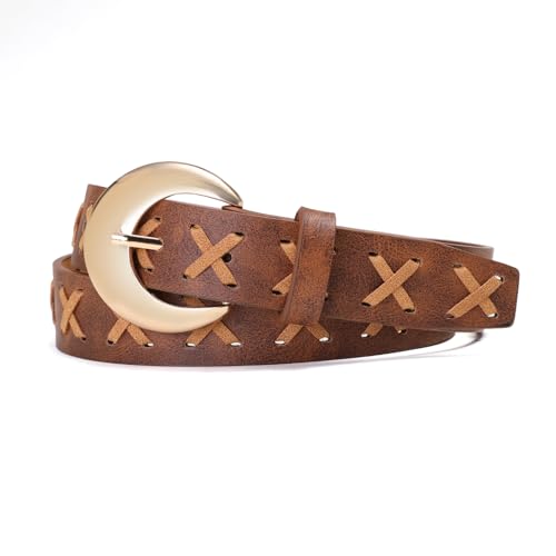 Womens Leather belt for Jeans Fashion Belt with Gold Buckle Ladies Belt for Jeans Pants Business Casual Outfits