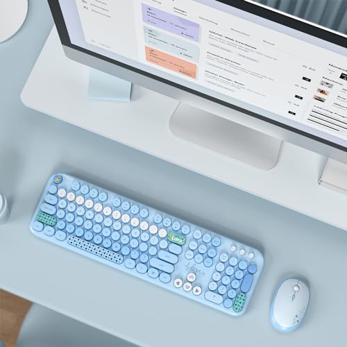 Image of KNOWSQT Wireless Keyboard and Mouse Combo - Lovely Blue Rainbow 2.4G Full-Sized Colorful Keyboards, Round Keycap USB Dongle Plug Play Cute Keyboards for Windows, Laptop, PC, Desktop, Mac