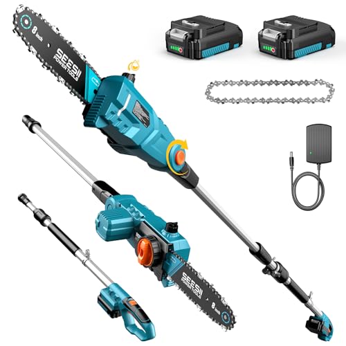 SEESII 8-Inch Electric Pole Saws: 21V Cordless Pole Saws for Tree Trimming 15-Foot Max Reach Auto Oiling Tree Trimmer with 2x2000mAh Battery & Fast Charger Tree Saw Ideal for Pruning Branches