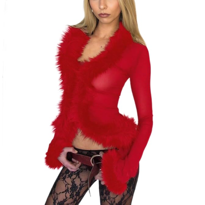 Women Fuzzy Fur Trim Mesh Crop Top Sexy See Through Shirt Sheer Cardigan Jacket Y2k Clubwear