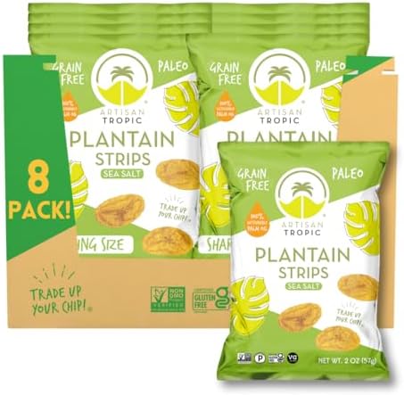 ARTISAN TROPIC Plantain Strips Sea Salt - 8 Pack, 2oz - Vegan, Paleo, Gluten Free Chips - Individual Bags Healthy Snacks for School, Gym, Kids – Whole 30 Approved Foods Baked Banana Chips