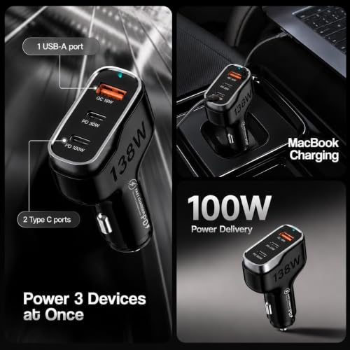 Image of Primate 138W Super Fast Car Charger, Triple Port USB Car Charger with 100W PD USB-C, 30W Type-C PD & 18W QC3.0 USB-A for Smartphones, Laptops, Tablets & More