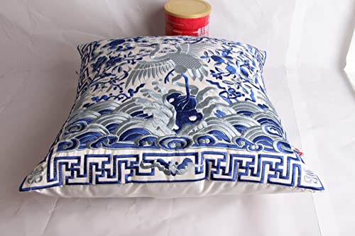 Queenie - 2 Pcs Silky Oriental Chinese Phoenix Embroidered Decorative Throw Pillow Case Cushion Cover 17.25 X 17.25 Inch 44 X 44 Cm (Cs94 Blue & Off White) #TOP4