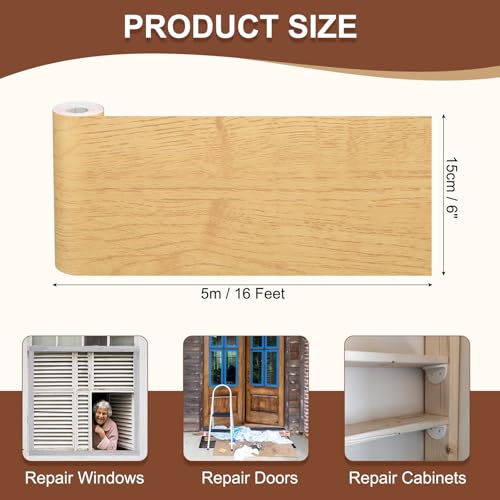 Image of MECCANIXITY Wood Grain Repair Tape, 6 Inch x 16 Feet Self Adhesive Wood Grain Tape Multi-Purpose Wallpaper Border Trim for Furniture Floors Windows Doors Tables Home, Bright Yellow
