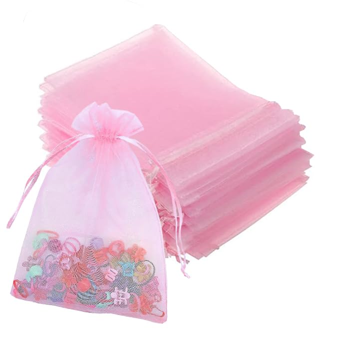 100pcs Organza Bags-Pink 3.94x4.72(10x12cm) Satin Drawstring Organza Pouch Wedding Party Festival Christmas Favor Gift Bag Jewelry Watch Bags