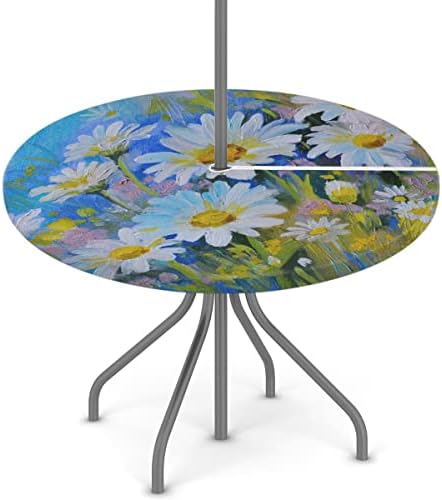 Oil On Daisy Round Fitted Outdoor Tablecloth With Umbrella Hole and Zipper Daisy Flower Elastic Edged Table Cover Waterproof Stain Resistant Fits Tables up to 45"-56" Diameter for Patio