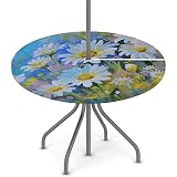 Oil On Daisy Round Fitted Outdoor Tablecloth With Umbrella Hole and Zipper Daisy Flower Elastic Edge