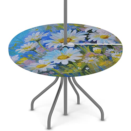 Oil On Daisy Round Fitted Outdoor Tablecloth With Umbrella Hole And Zipper Daisy Flower Elastic Edged Table Cover Waterproof Stain Resistant Fits Tables Up To 45"-56" Diameter For Patio #TOP19
