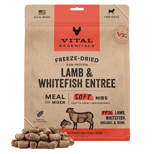 Image of Vital Essentials Freeze Dried Dog Food, Lamb & Whitefish Nibs, 14 oz Bag | Soft, Complete Meal or Topper, Made With 99% Lamb, Whitefish, Organ & Bone, High Protein Raw Nutrition, Grain-Free Recipe
