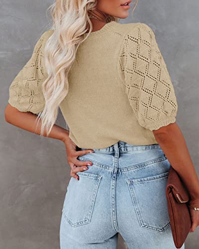 Image of Womens Short Sleeve Sweaters Crewneck Knit Pullover Tops 2025 Summer Casual Lightweight Crochet Blouse Shirt
