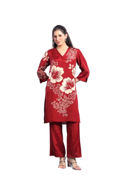 Women's Maroon Printed Russian Silk Co-ord Set-image-10