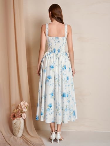 Image of KUTUMAI Women Summer Corset Midi Floral Wedding Guest Dresses with Pockets | Lace Neck, Smocked Back, Flowy A Line Sundress for 2026 Engagement Photoshoot Bridal Shower Garden Party