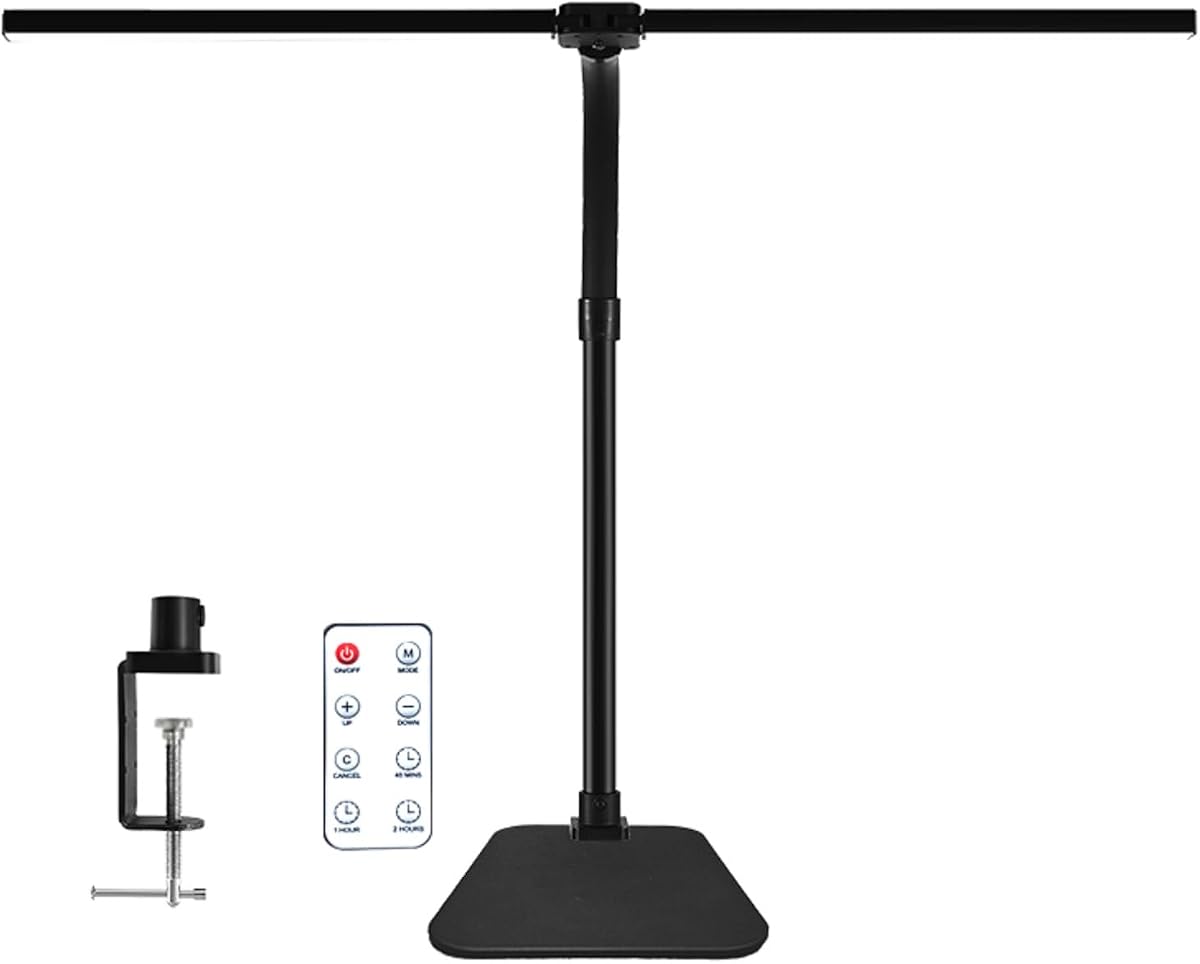 LED Desk Lamp for Office Dorm Home - Eye Caring Desk Light with Timer, Remote Control 24W Brightest Dual Screen Computer Monitor Gooseneck Dimmable Table lamp with Anti-Glare Cover Clamp &amp; Base