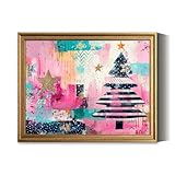 Vintage Framed Wall Art Abstract Christmas tree artwork mixed media collage textured Holiday Canvas Paintings Wall Decor Pictures Posters Prints for Living Room Bathroom Bedroom Kitchen Artwork