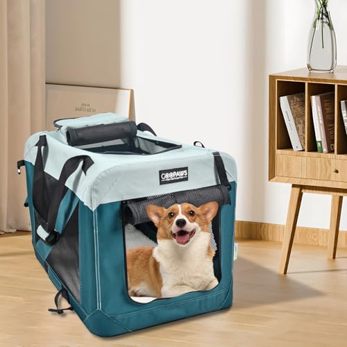 JESPET Soft Dog Crates Kennel for Pets, 3 Door Soft Sided Folding Travel Pet Carrier with Straps and Fleece Mat for Dogs, Cats, Shale Green, 36'' (8-Teal Blue, Large(30" L x 21" W x 23" H)) - Thumbnail 6