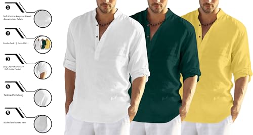 Image of Zombom Combo of Men's Solid Cotton Polyester Blend Full Sleeve Mandarin /Chinese Collor Straight Kurta Shirt (Pack of 3)