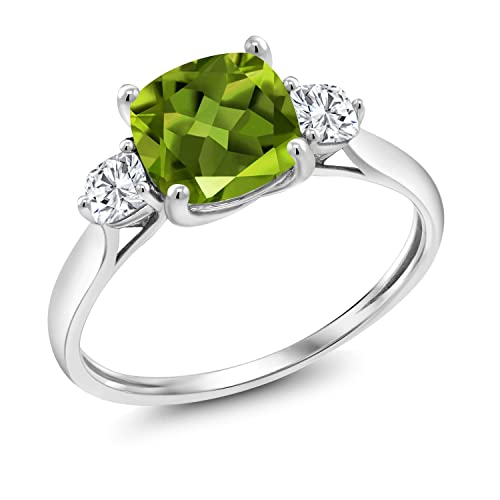 Gem Stone King 1.96 Cttw 10K White Gold Green Peridot and White Moissanite 3-Stone Engagement Ring | Cushion 7MM and 3MM | 3 Stone Wedding Anniversary Promise Ring For Women3